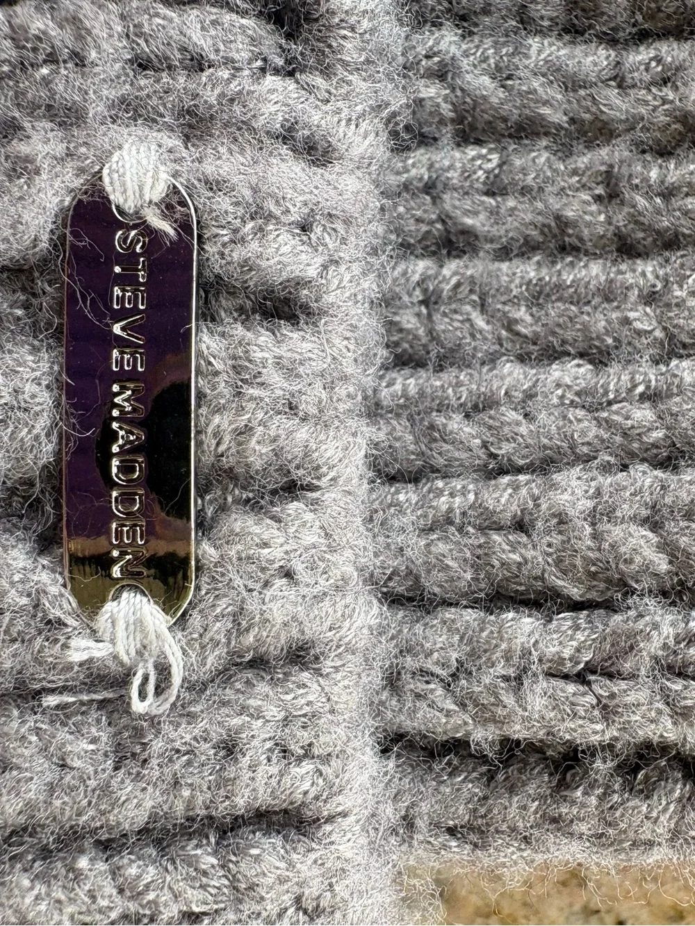 Steve Madden Gray Ribbed Knit Beanie with Logo Tag